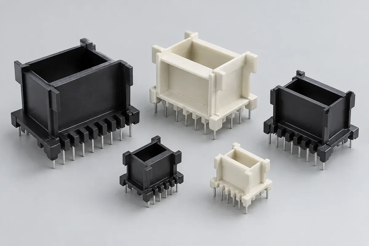 Empty plastic transformer bobbins with rectangular core passages and terminal flanges