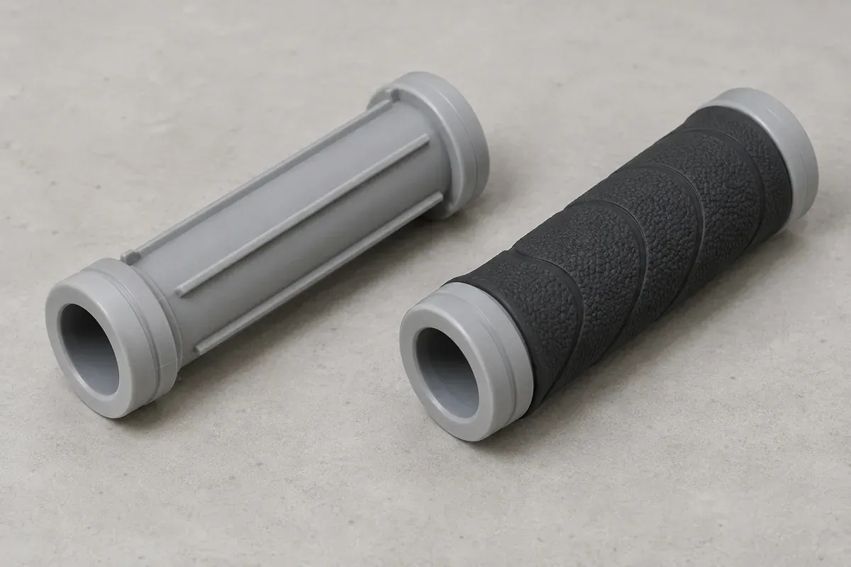 Illustrative rigid core beside a corresponding completed soft-grip component
