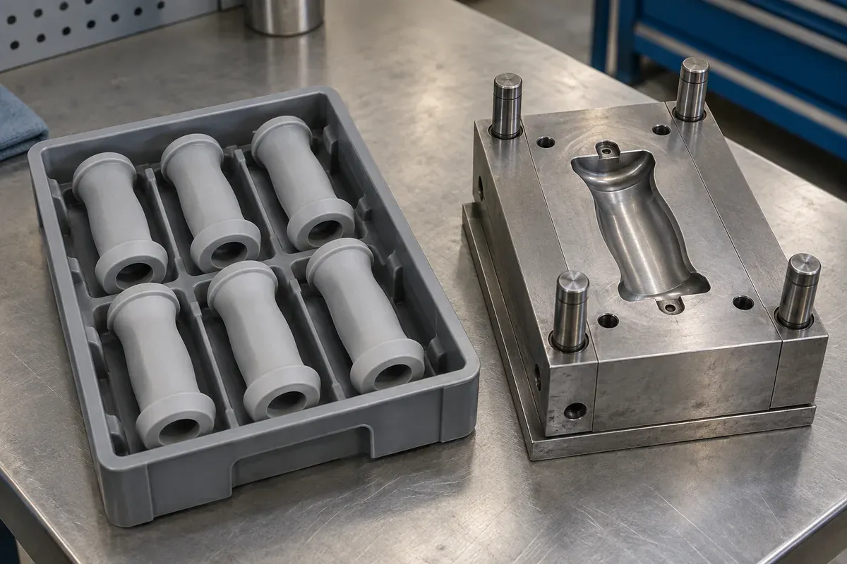Illustrative tray of rigid grip cores beside an open single-cavity mold