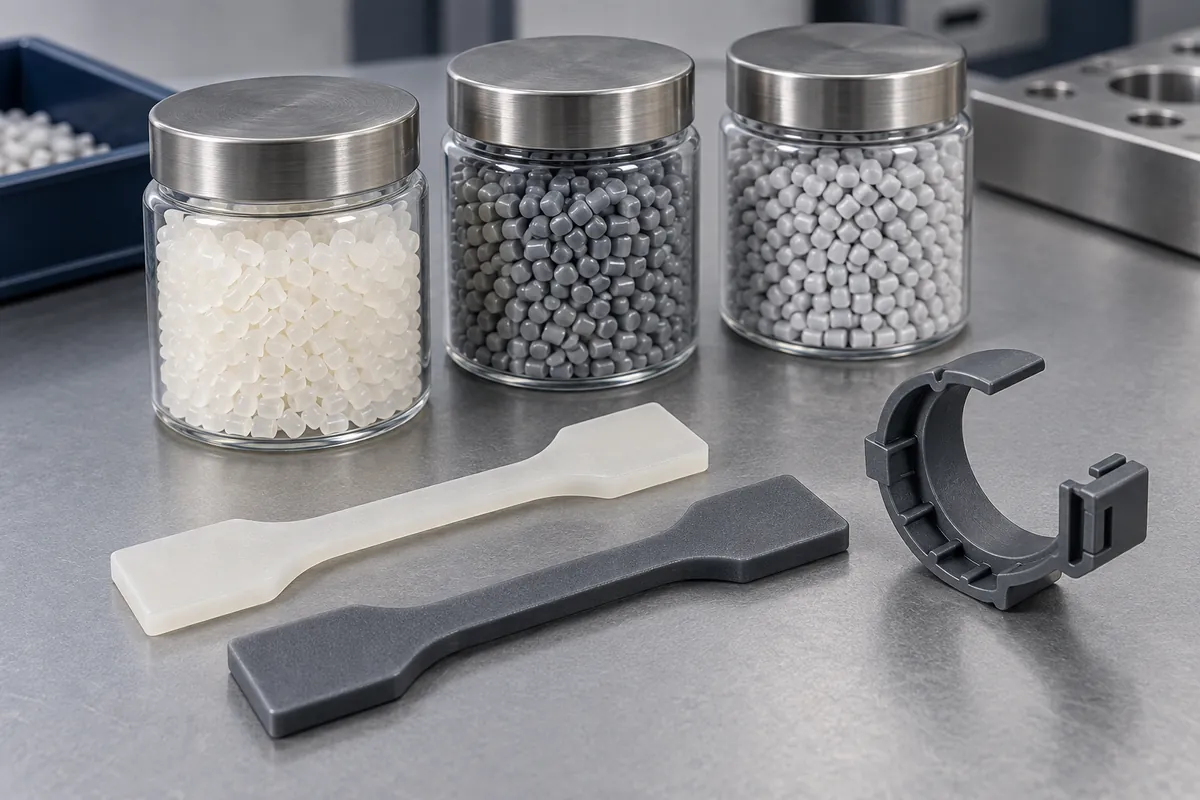 Conceptual resin samples, molded test coupons and a retaining clip on a material-review bench
