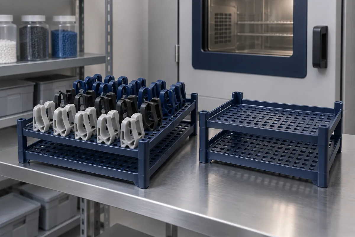 Illustrative grouped clip specimens on a rack beside a conditioning chamber