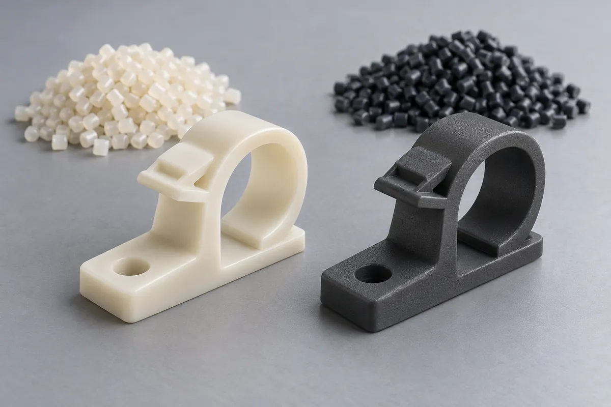 Illustrative natural and charcoal molded retainers beside separate resin pellet samples