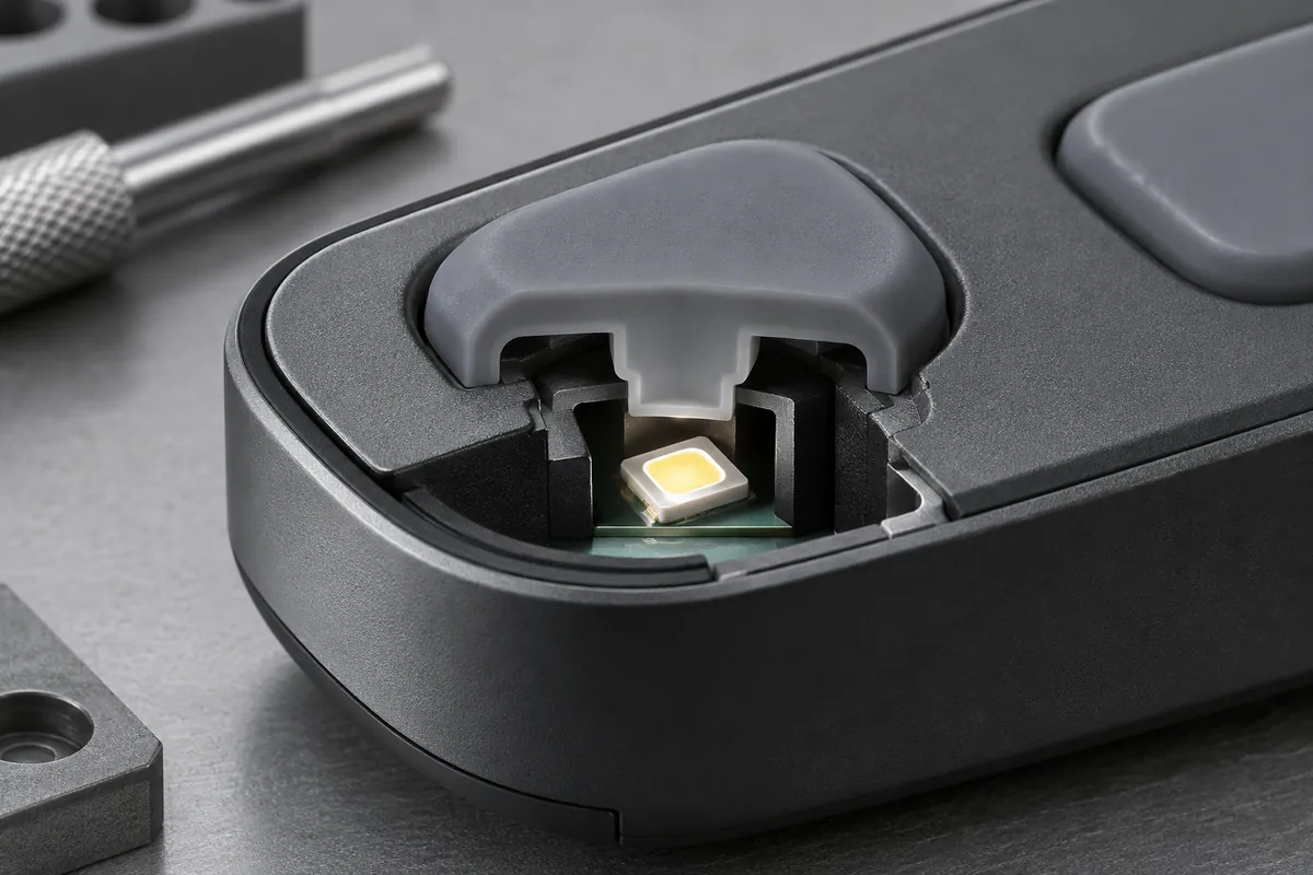 Section of silicone key over isolated LED pocket with opaque light barrier