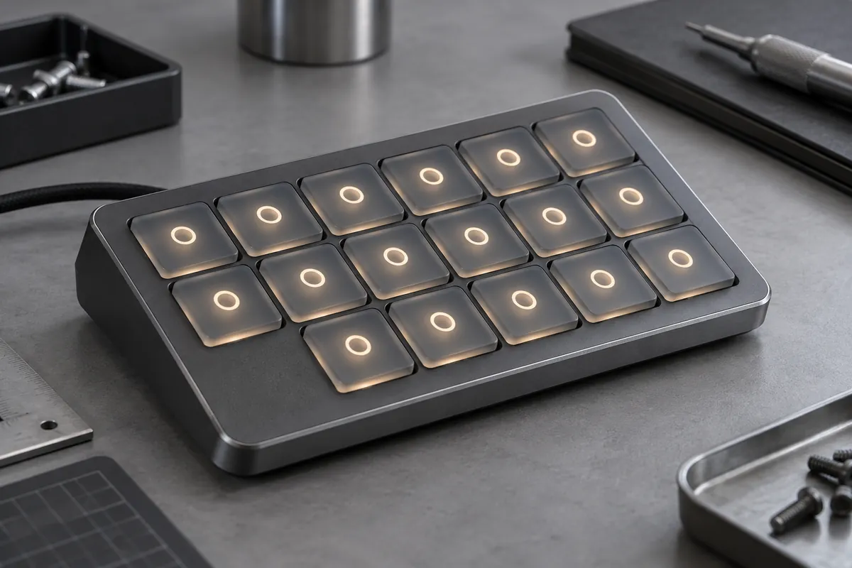 Translucent silicone keypad with softly glowing simple circular apertures in dark gray keys