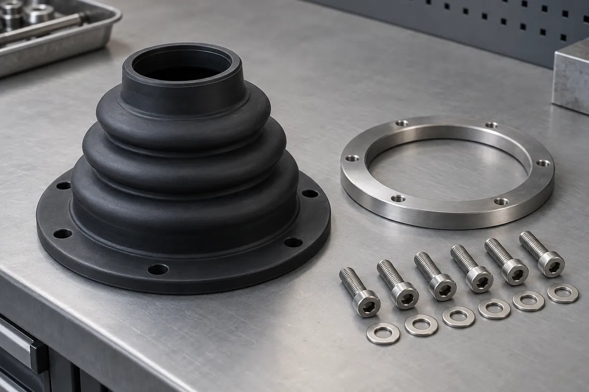 Flanged silicone boot beside rigid retaining ring and fasteners