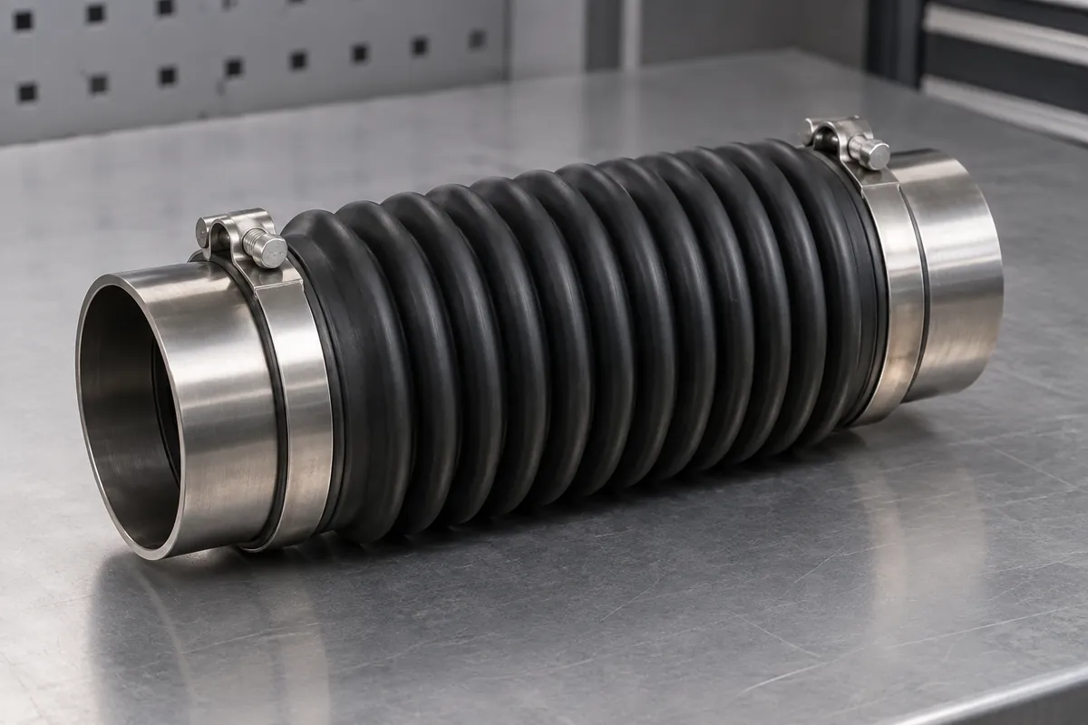 Bellows attached to two coaxial collars with clamps away from folds