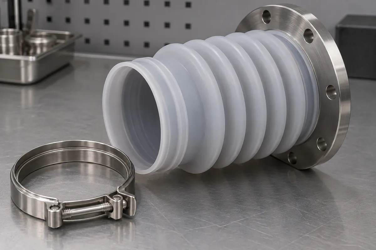 Silicone bellows with separate clamp ring and flanged end connection