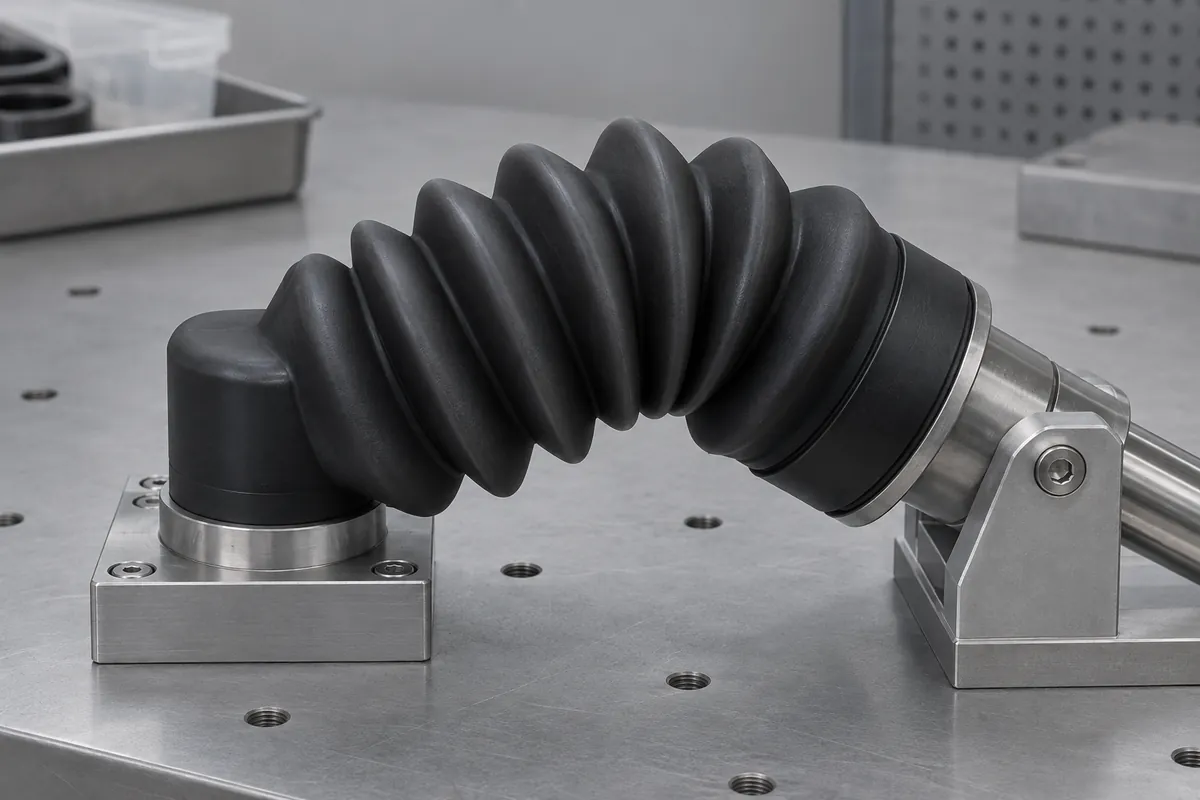 Bellows gently bent between fixed and angled mounting collars