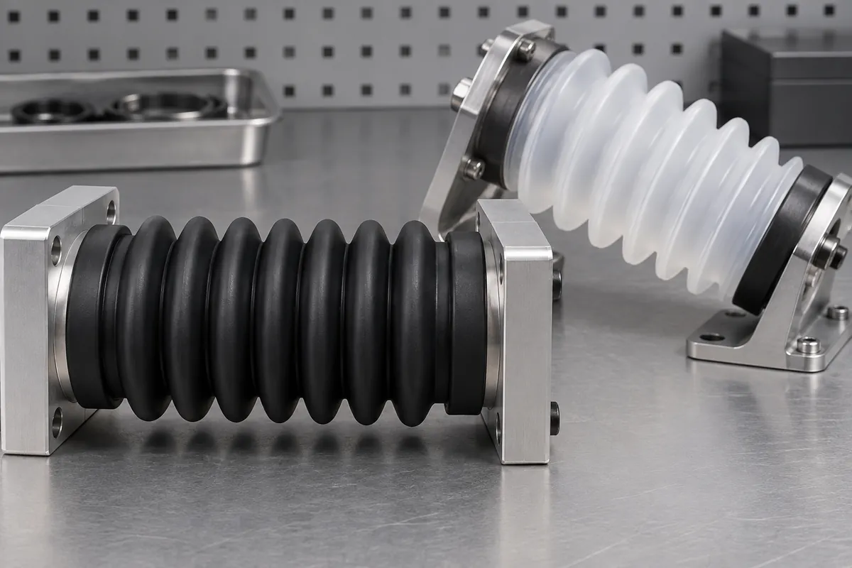 Two bellows setups, one coaxial and one gently angled, single bench scene