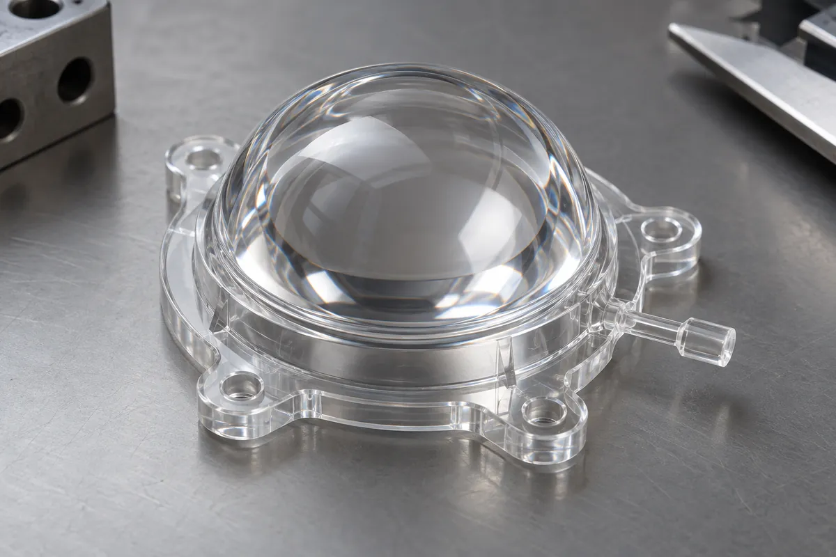 Transparent polymer lens with mounting flange and small edge gate