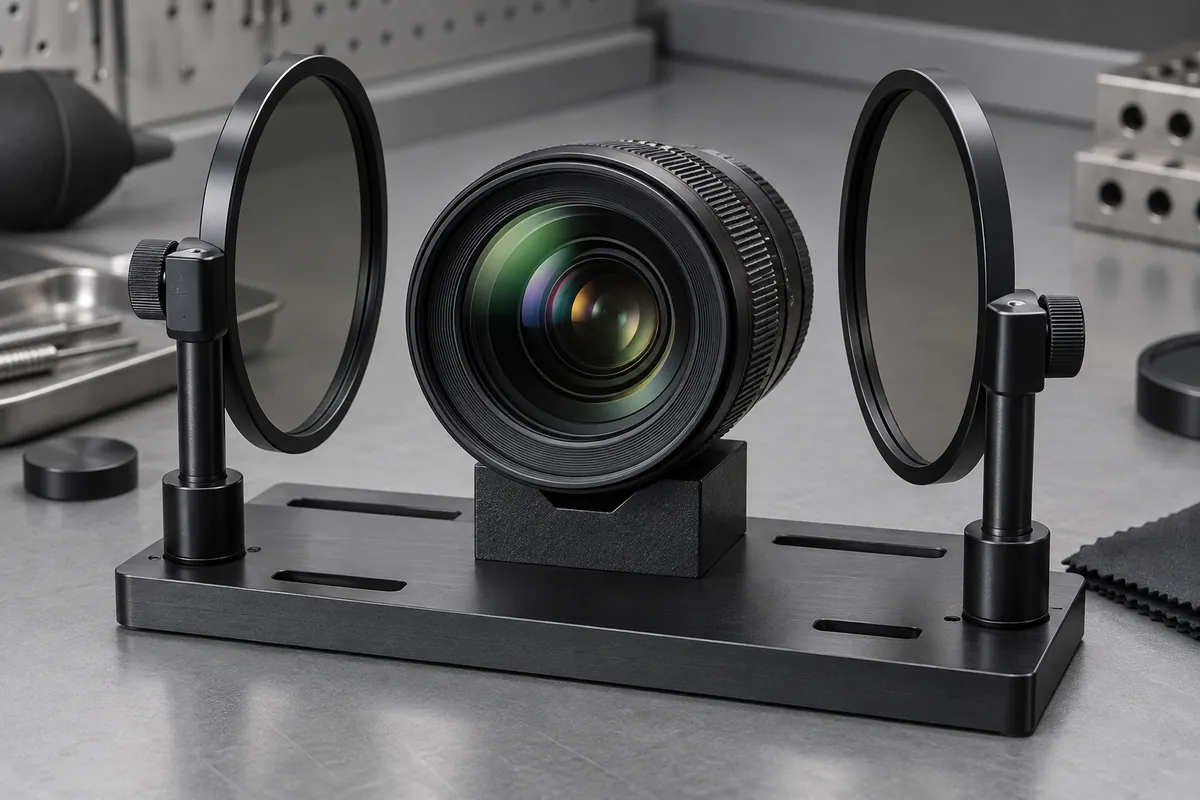 Lens in a simple crossed-polarizer inspection frame