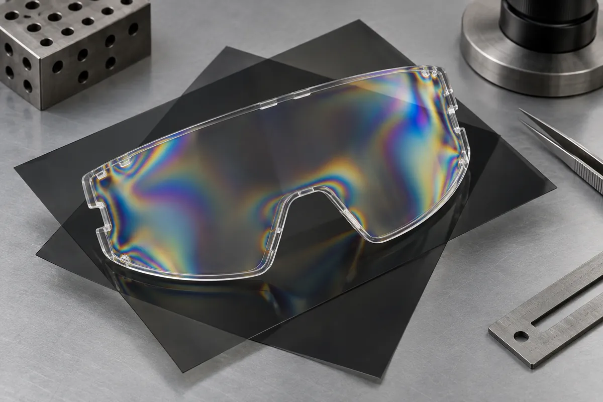 Clear molded polymer lens between crossed polarizer sheets with subtle stress colors