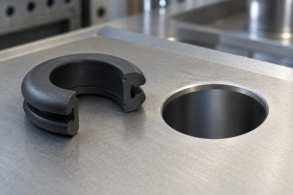 Sectioned silicone grommet beside a smooth metal panel opening