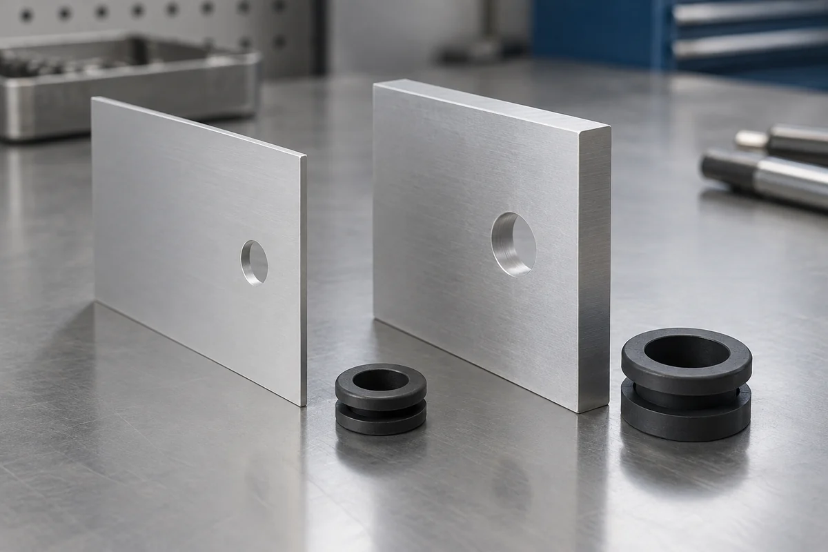 Thin and thick panel coupons beside grommets with different groove spacing