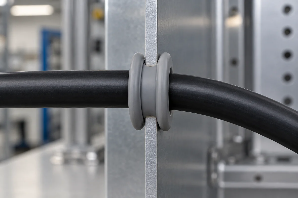 Side profile of an installed silicone grommet around a cable through a panel