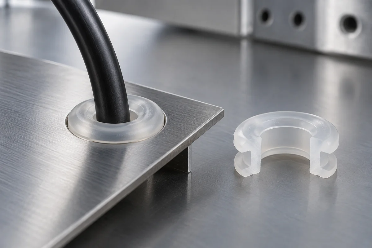 Silicone grommet installed in a metal panel beside a sectioned design sample