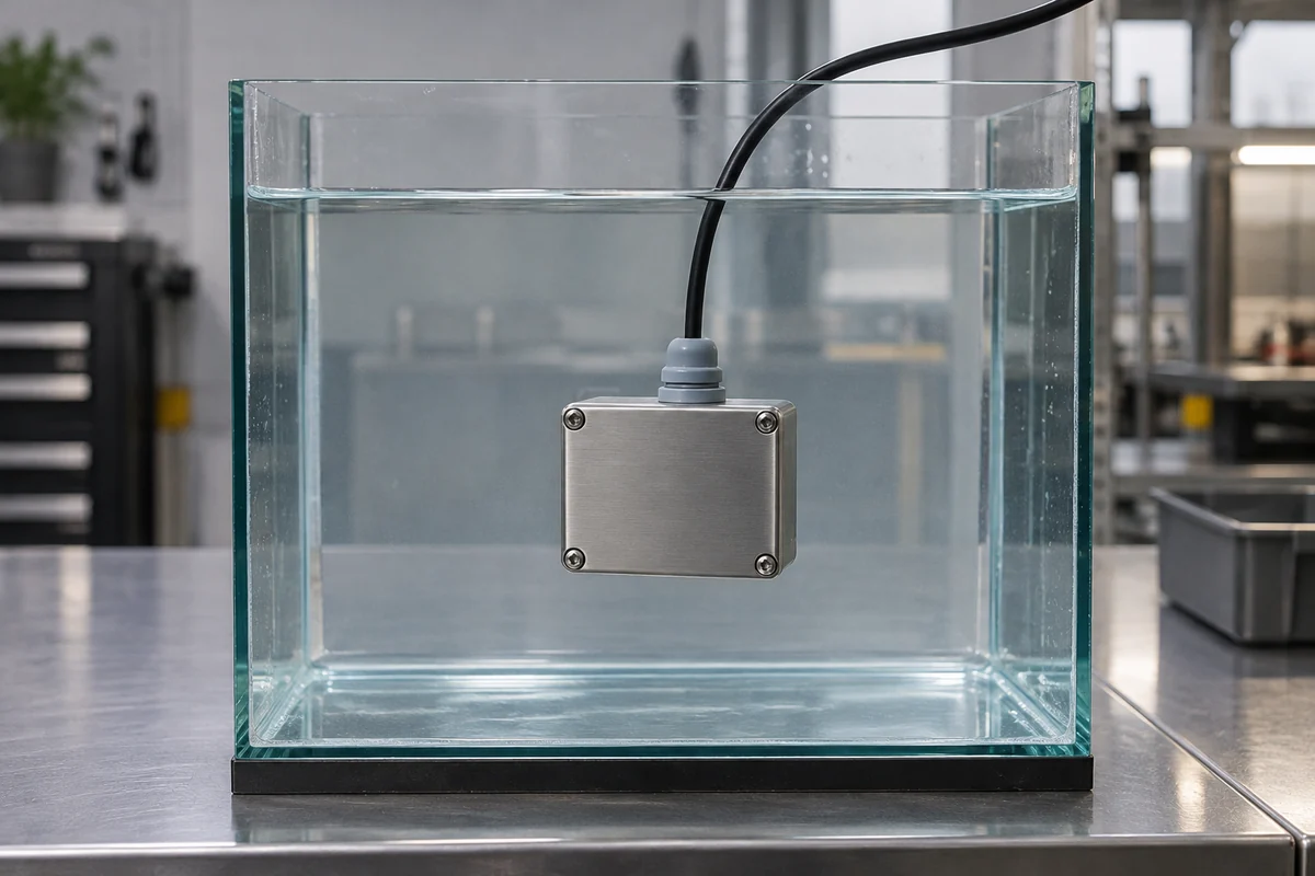 Closed cable-entry test enclosure submerged in a clear water tank