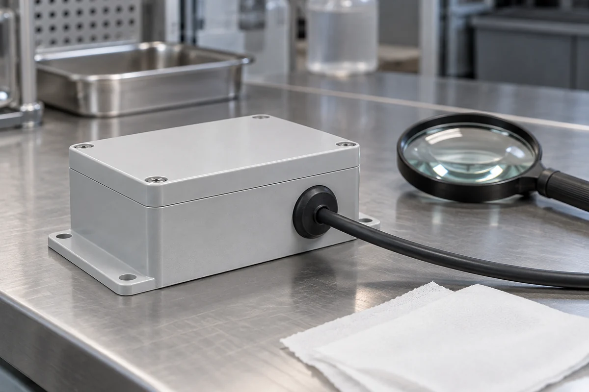 Cable-entry panel beside inspection paper and a magnifier on a dry bench
