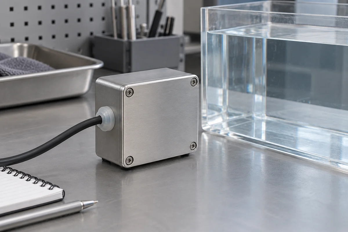 Small enclosure with a silicone cable grommet beside a clear immersion tank