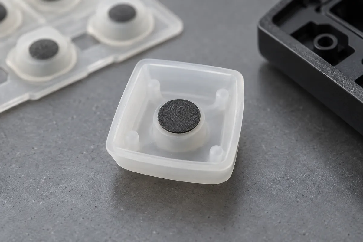 Macro of a black circular carbon contact bonded to the underside of a silicone key