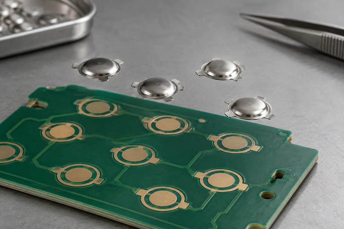 Loose stainless snap domes above a plain circuit-board contact pattern