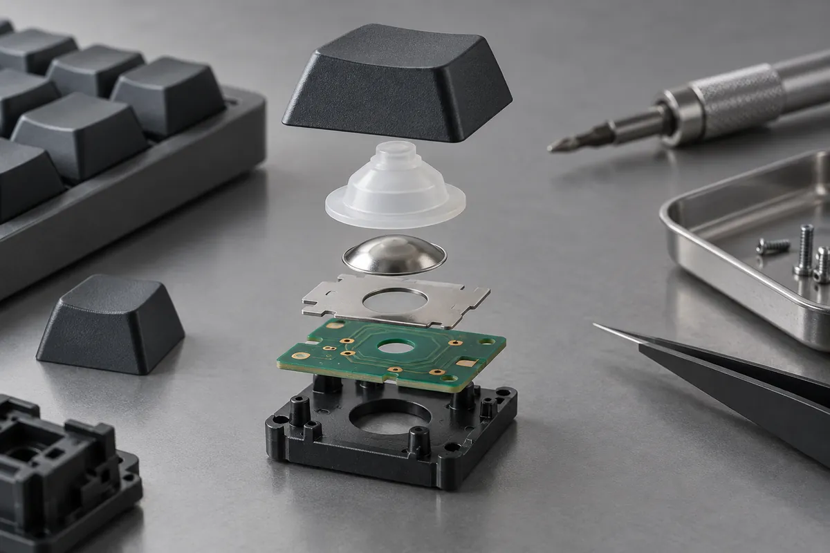 Exploded keycap, silicone web, metal dome and board stack with clear spacing