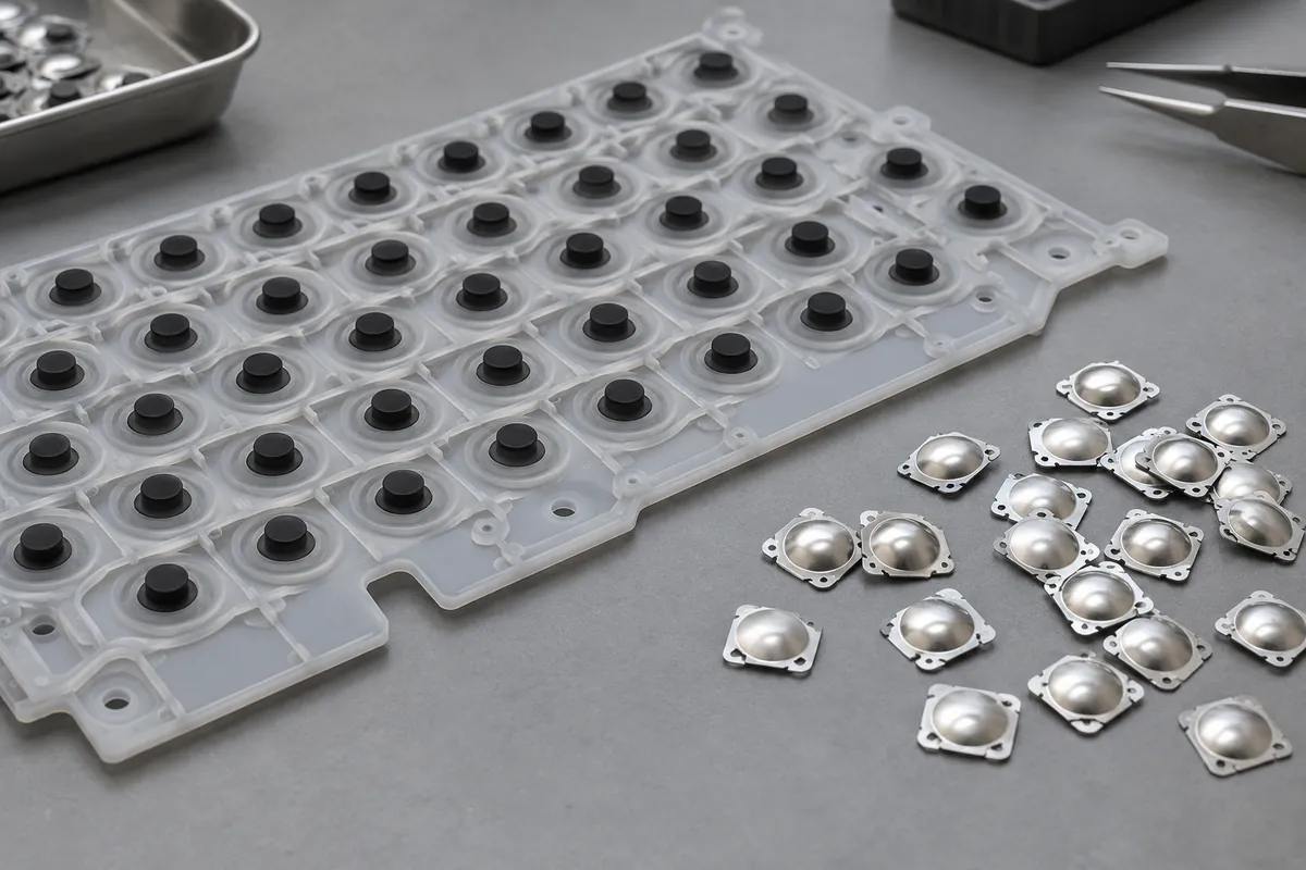 Underside of silicone keymat with black conductive pills beside separate silver metal domes