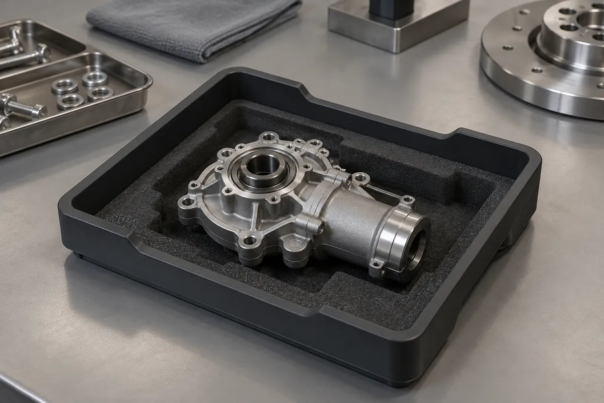 Tray containing loosely fitted component and clear extraction space above