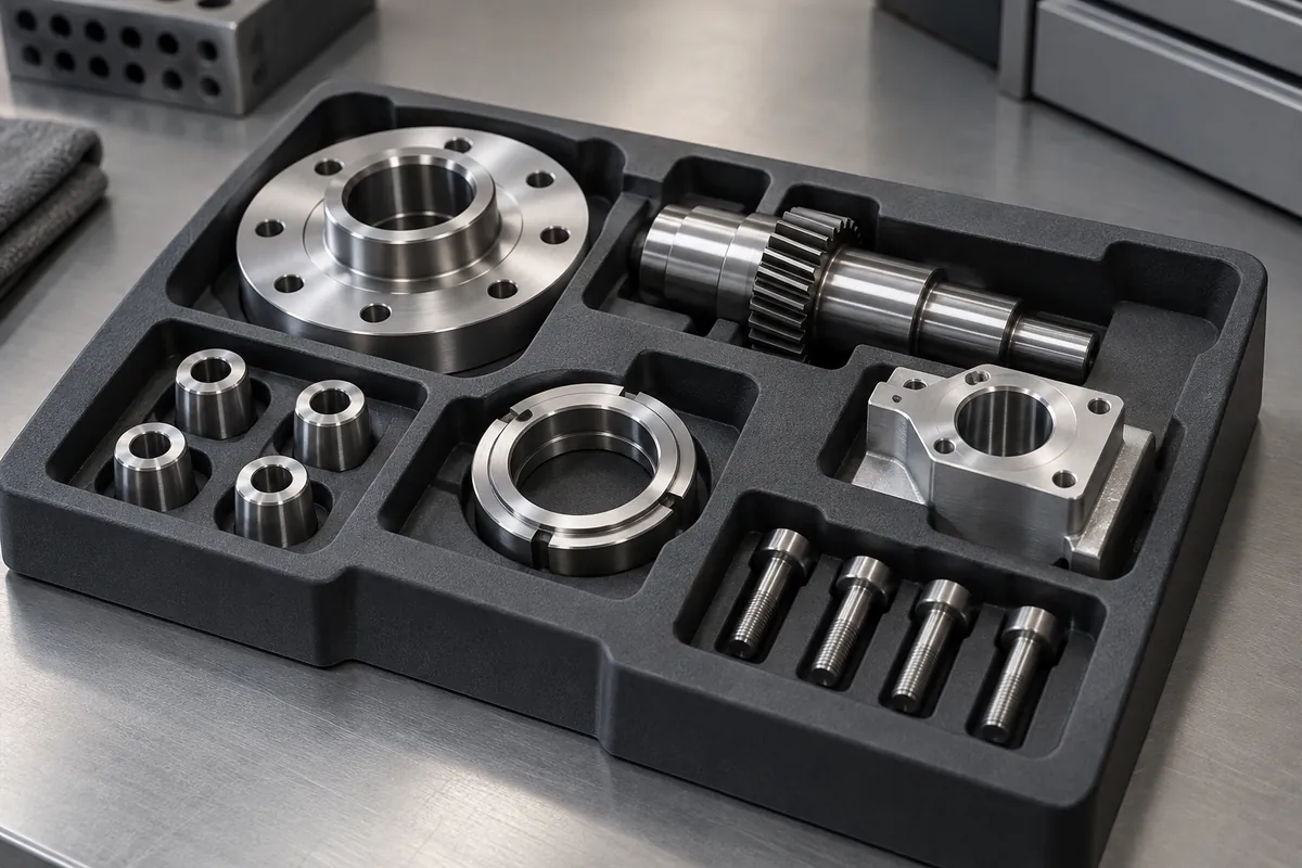 Molded tray with several machined components resting on defined pocket shoulders