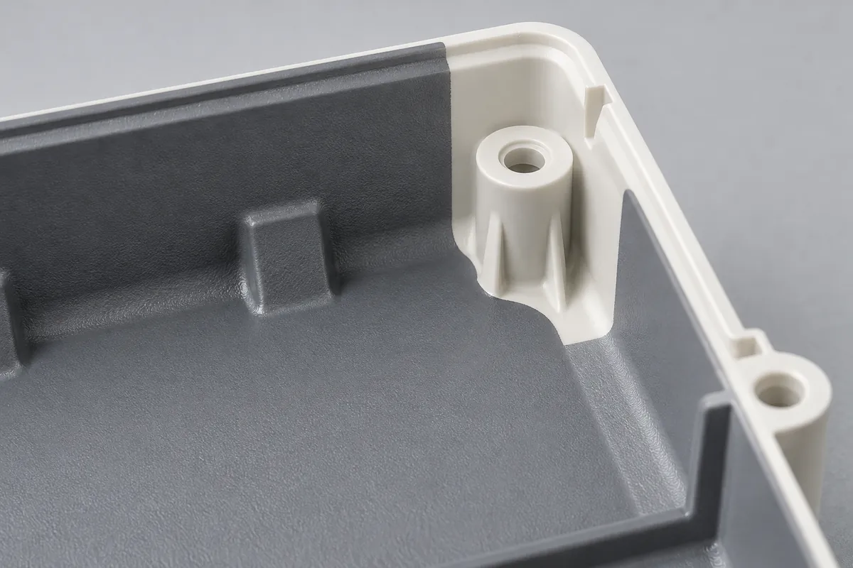 Gray-coated interior corner with a white uncoated boss and a clearly defined masking boundary