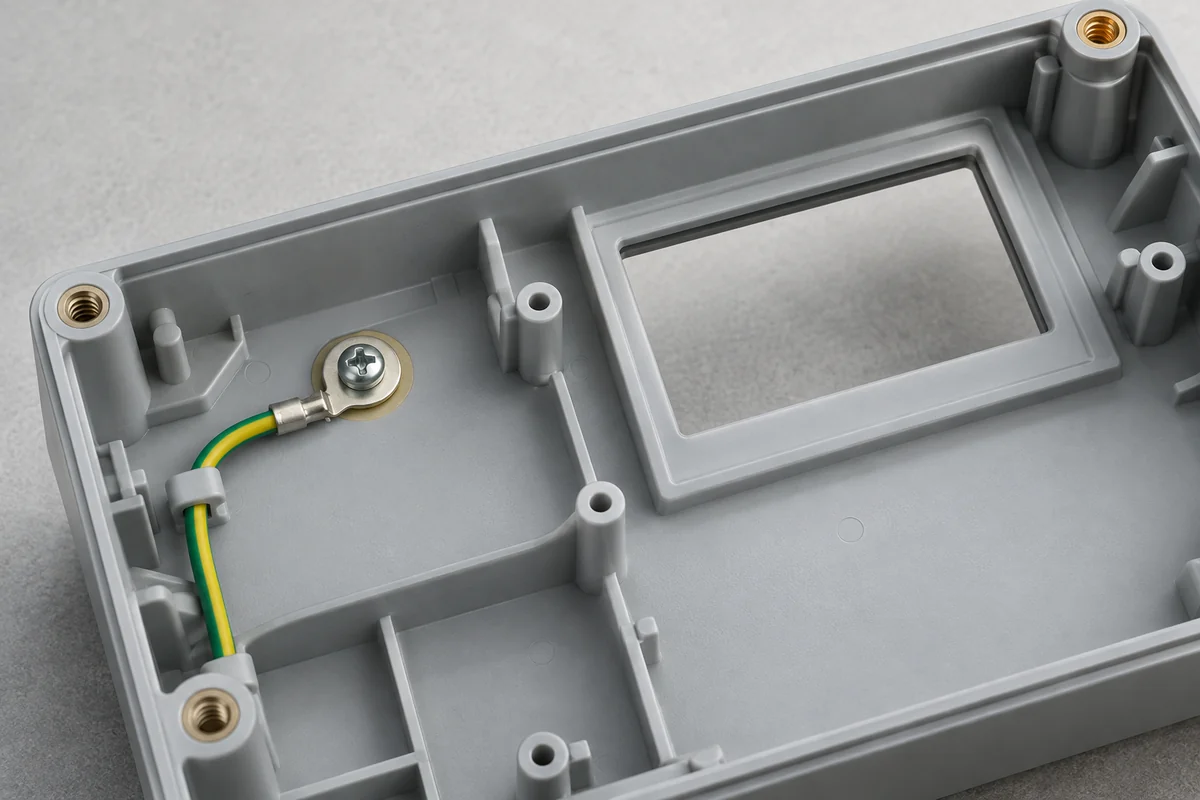 Grounding-contact tab mounted against a coated housing land next to an uncoated opening