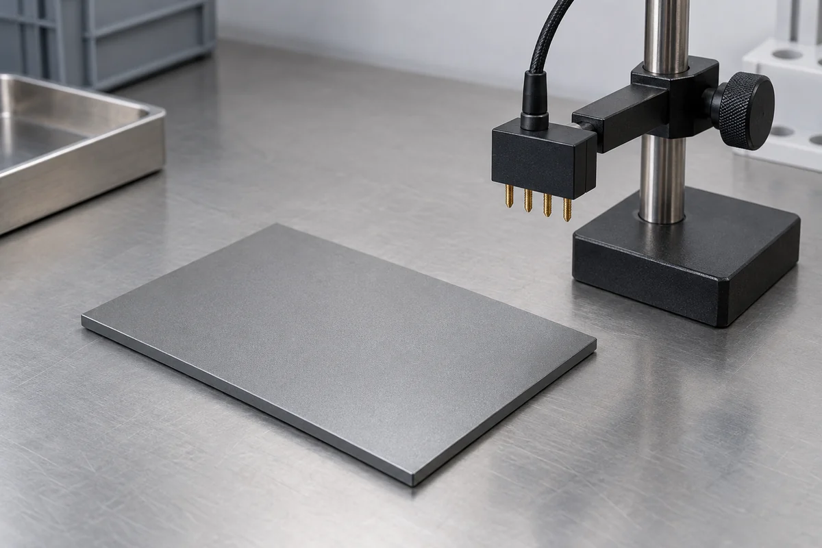 Coated sample panel beside a parked four-point probe head on an inspection bench