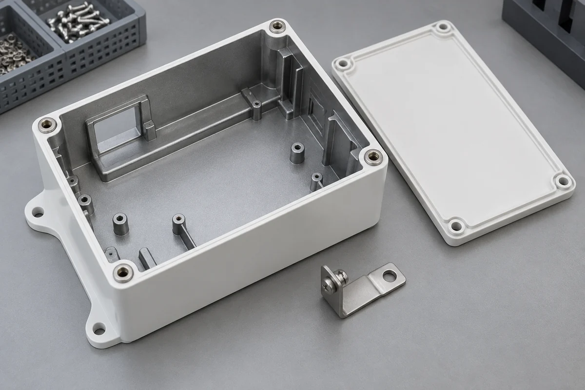 Open white plastic instrument housing with metallic-gray internal coating beside a lid and contact bracket