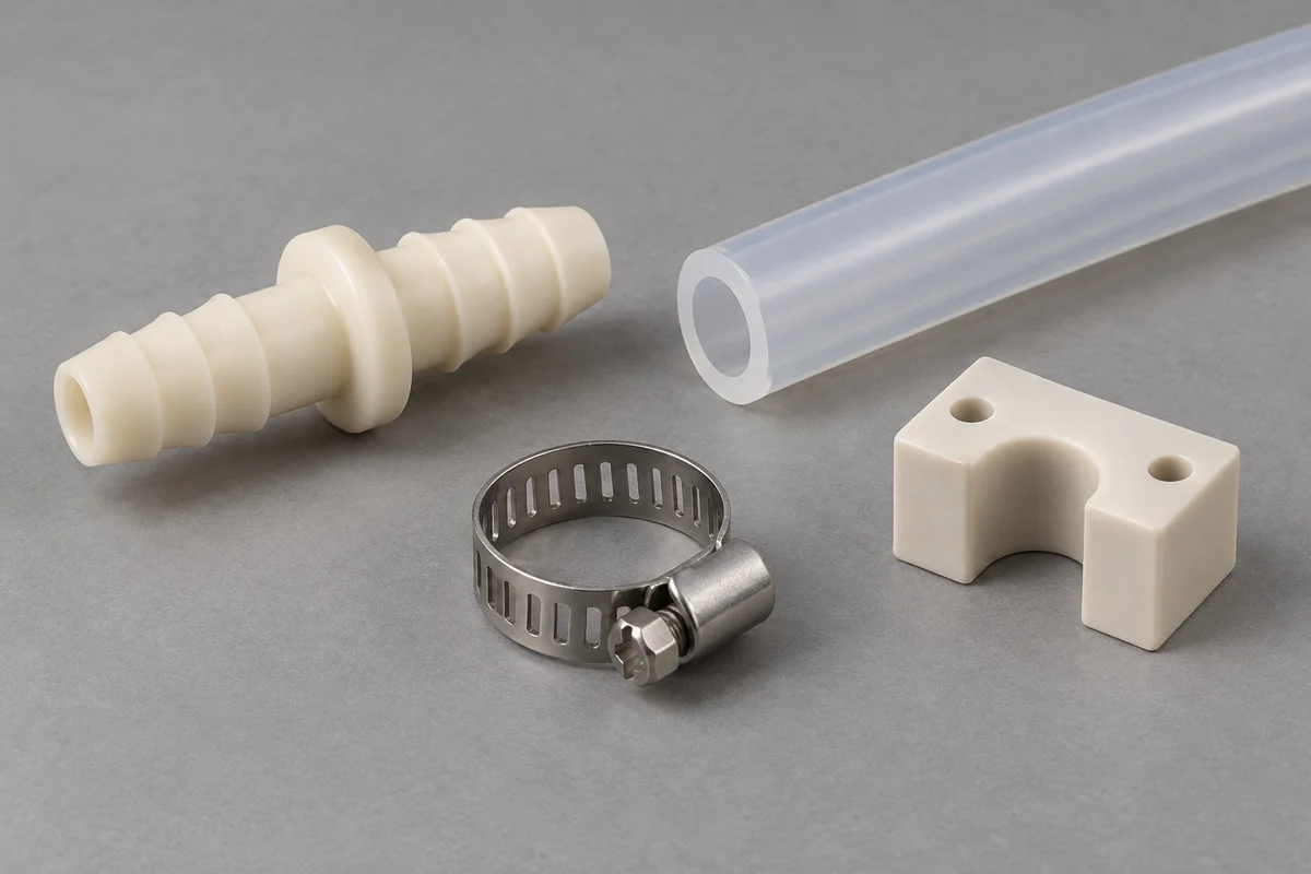 Separate molded barb, tube, optional clamp and mating block arranged on an inspection bench