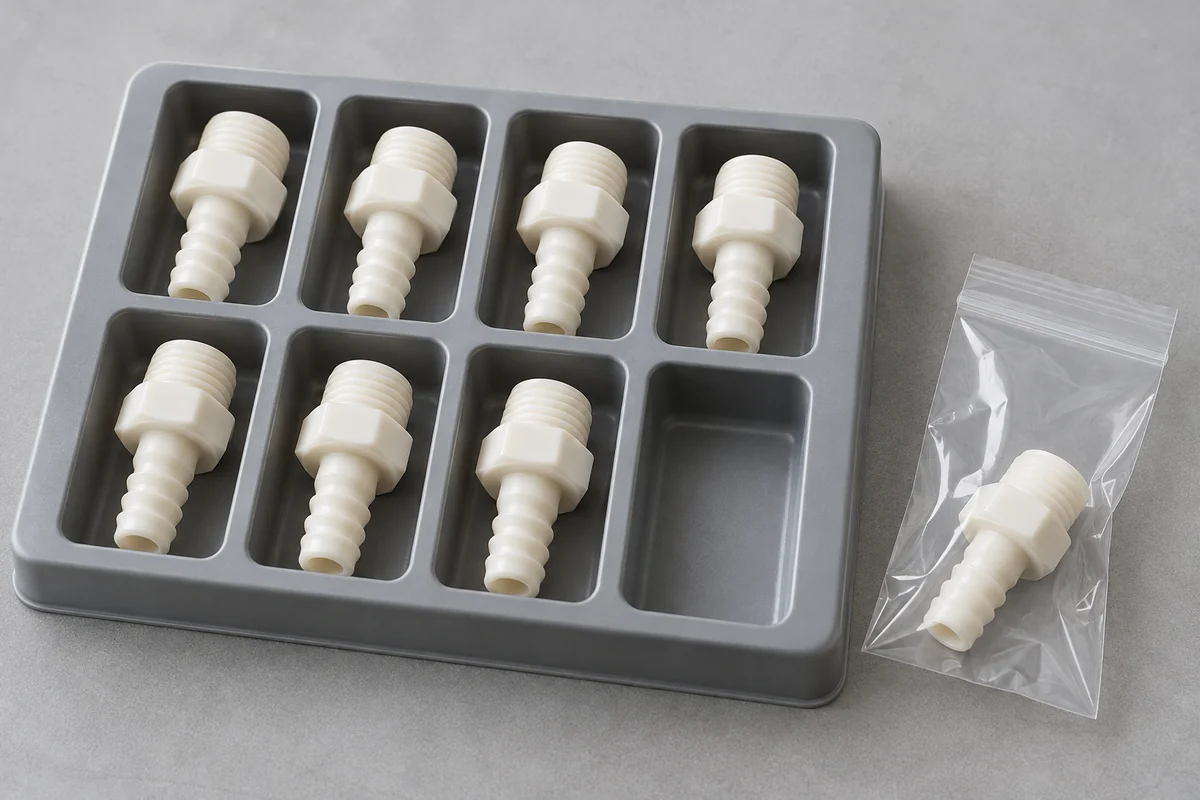 Molded hose-barb samples separated in a clean protective tray