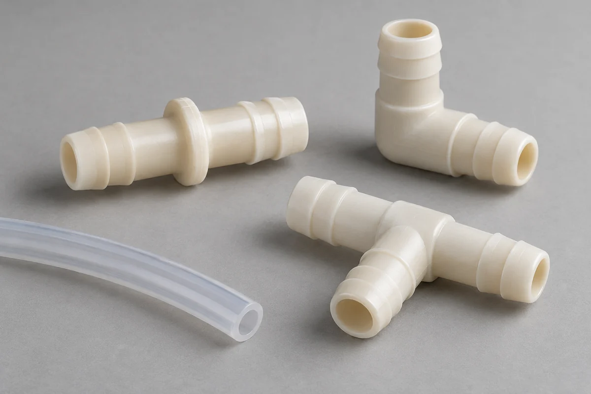 Ivory molded straight, elbow and tee hose-barb design examples beside a separate flexible tube
