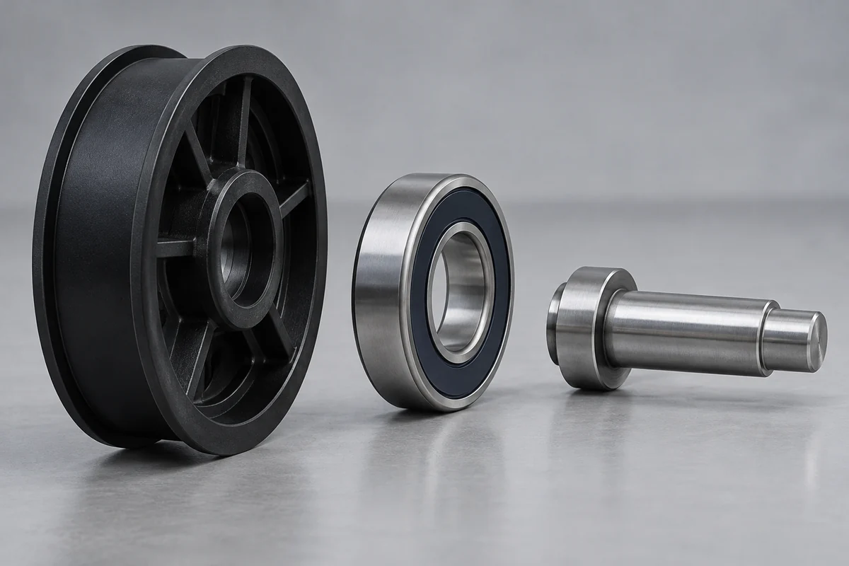 Exploded plastic wheel, sealed bearing and shoulder shaft arranged separately