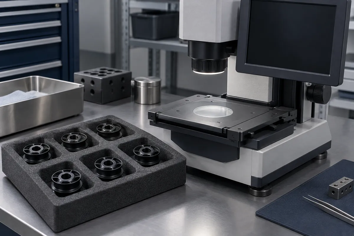 Small pulley batch in separate tray cavities beside an optical measurement station