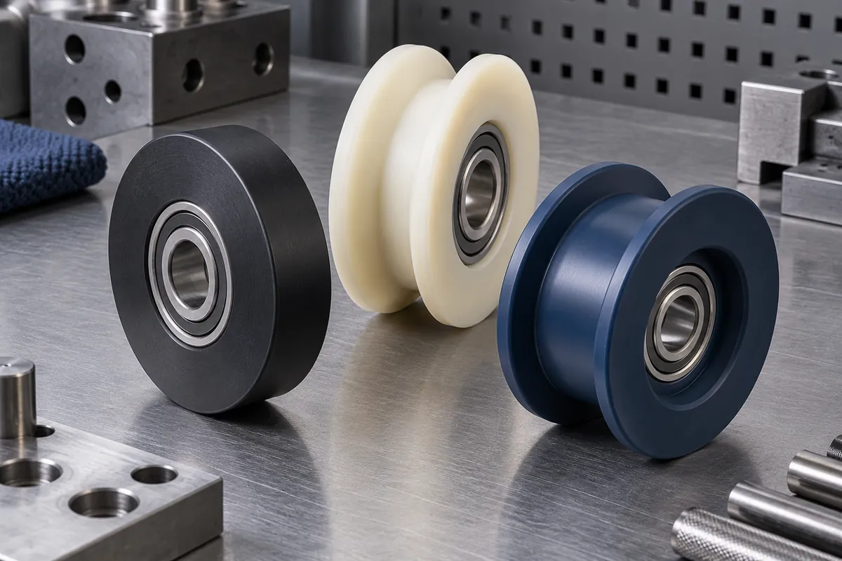 Three molded pulley design examples with different running profiles and metal bearing centers