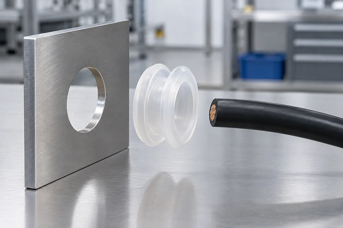 Separate panel coupon, silicone grommet and cable aligned for assembly