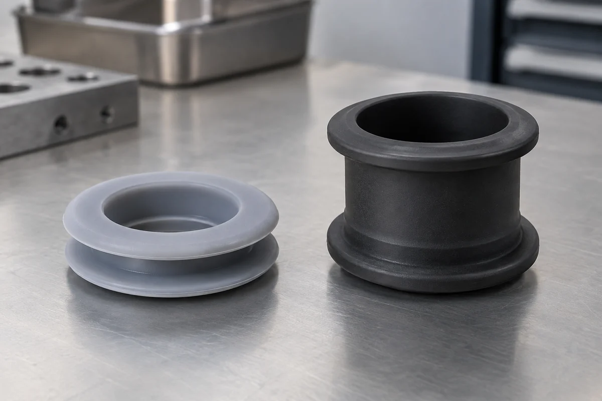 Two silicone grommet designs with different flange spacing and body length
