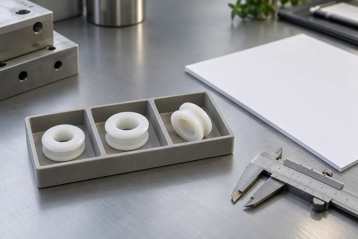 Silicone grommet samples in individual tray compartments beside inspection tools