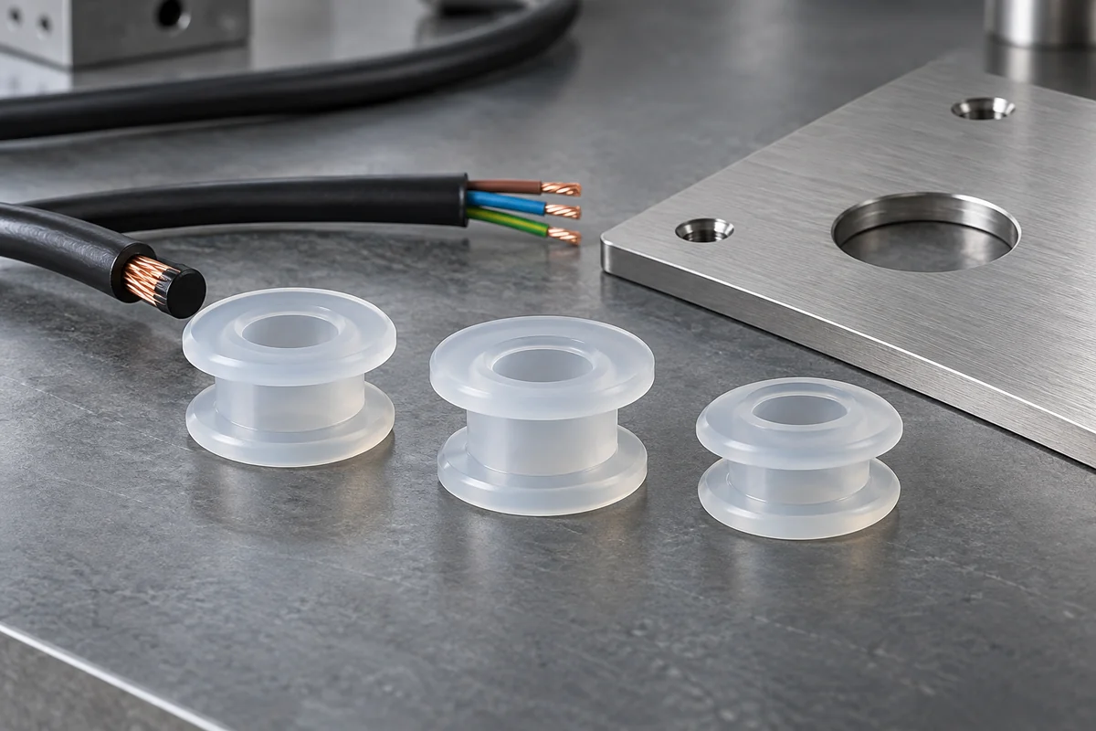 Translucent silicone cable grommet design examples beside cables and a metal panel