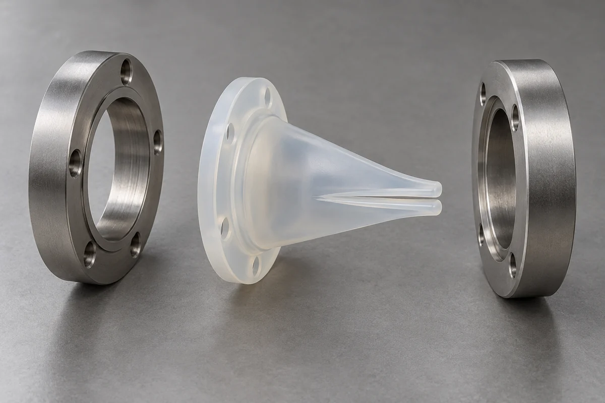 Silicone duckbill valve separated from two rigid mounting rings