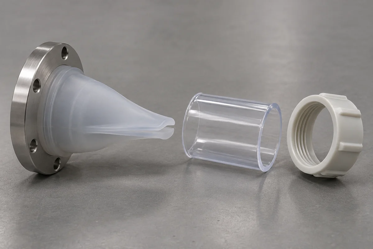 Valve flange, transparent tube and separate retaining collar on an engineering bench