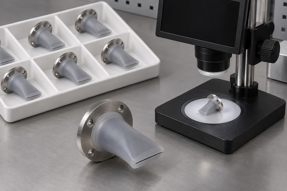 Separated silicone valve samples in a clean tray beside an optical inspection stand