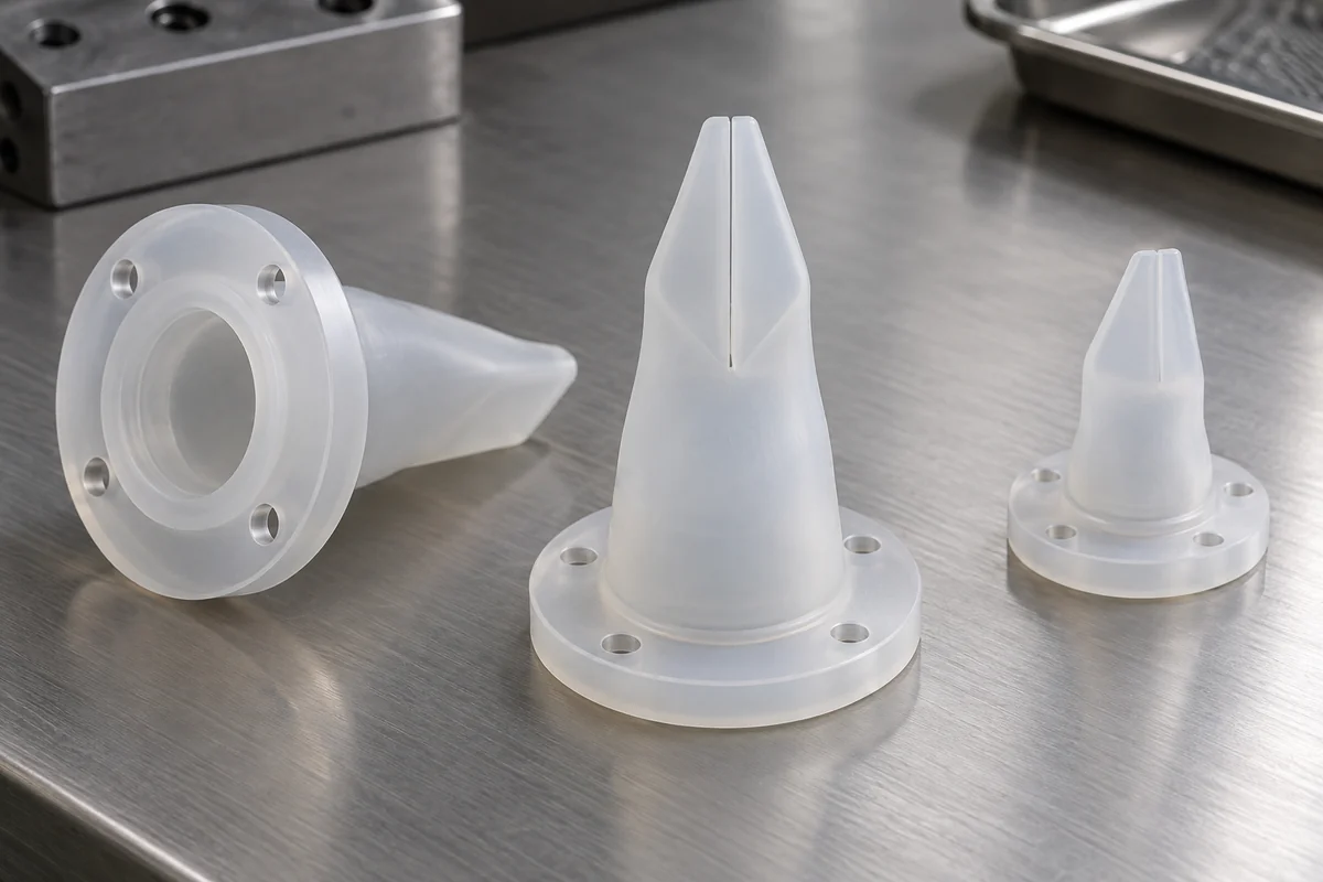 Product design examples of translucent silicone duckbill valves with different mounting flanges