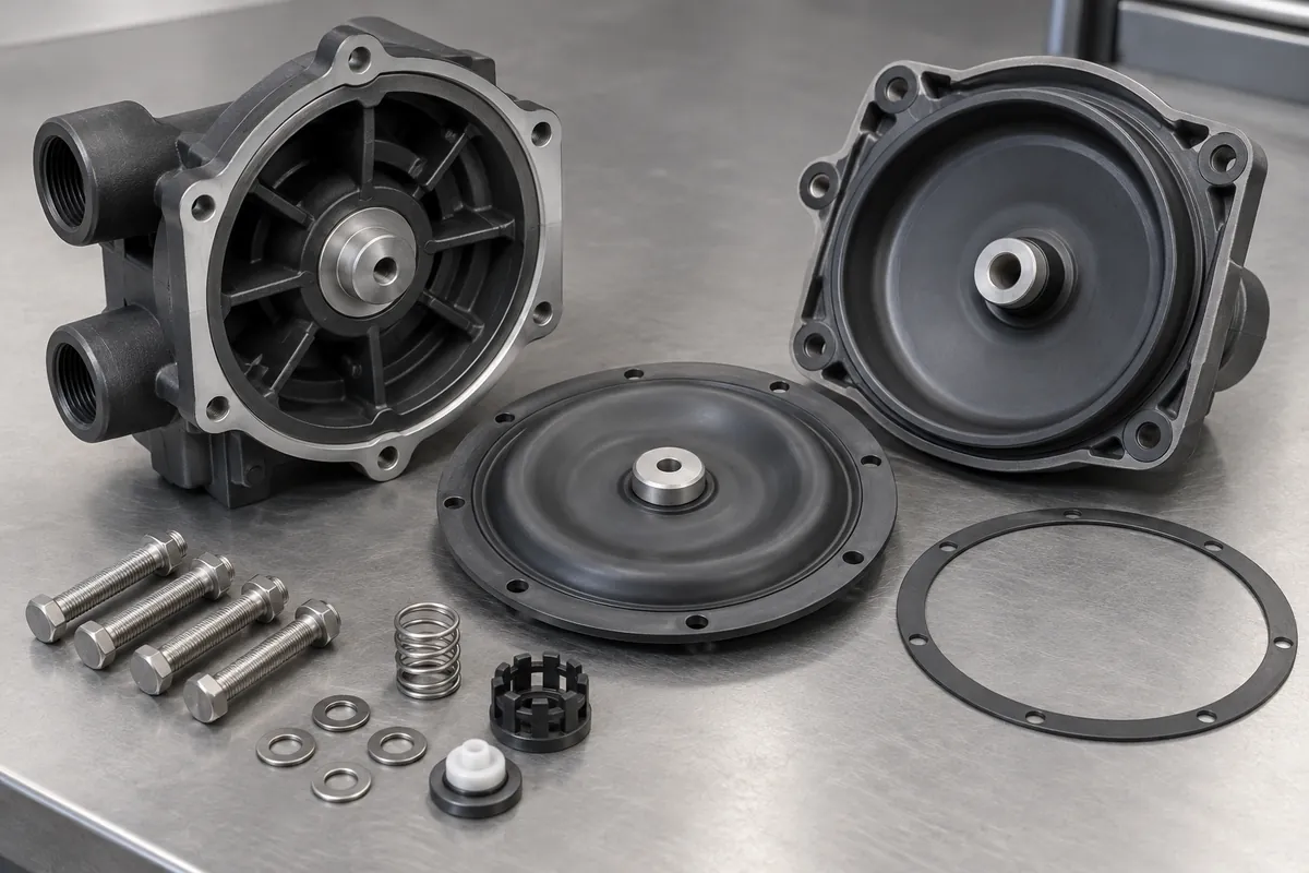 Disassembled pump head with diaphragm locating features clearly visible
