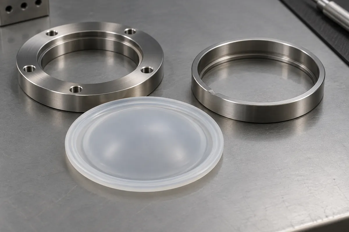 Silicone diaphragm with raised perimeter bead beside two mating rings