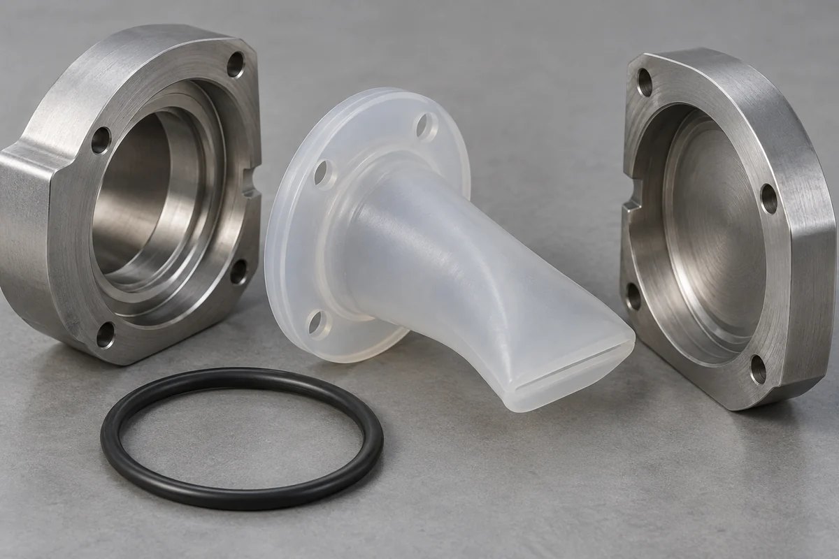 Valve, mounting holder halves and an O-ring separated to show distinct interfaces